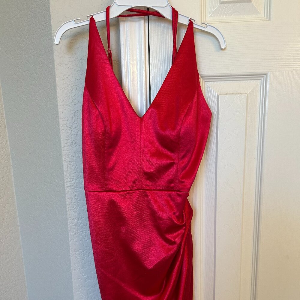 Pear Culture Shiny Mini Dress with Crossback Spaghetti Straps - Red - Size 11